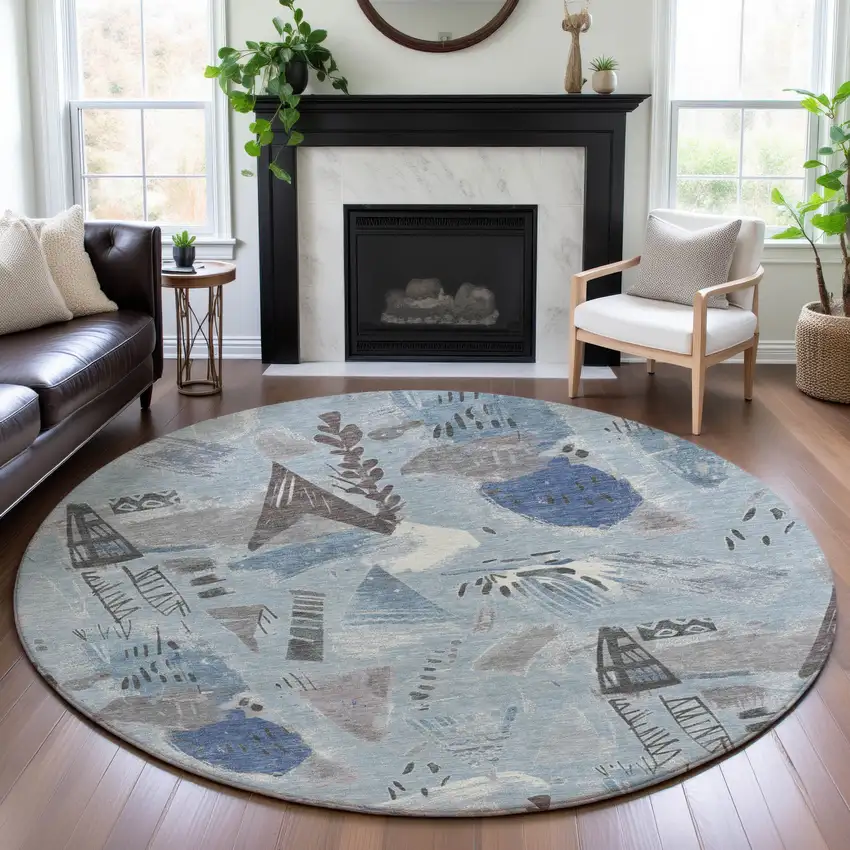 8' X 8' Sky Blue Taupe And Ivory Geometric Washable Round Rug With UV Protection Photo 4