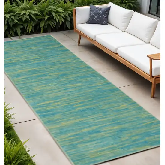 8' Blue And Green Indoor Outdoor Runner Rug Photo 2