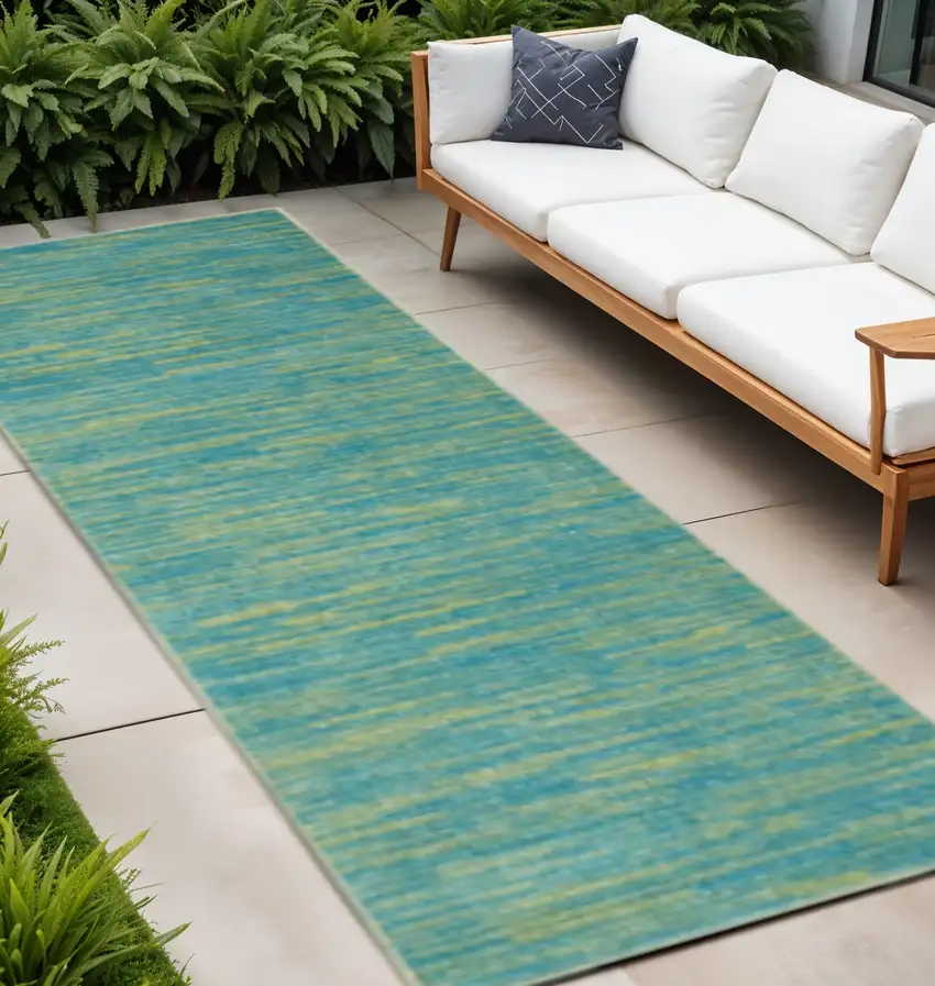 8' Blue And Green Indoor Outdoor Runner Rug Photo 2
