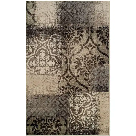 5' X 8' Tan And Brown Damask Distressed Stain Resistant Area Rug Photo 1