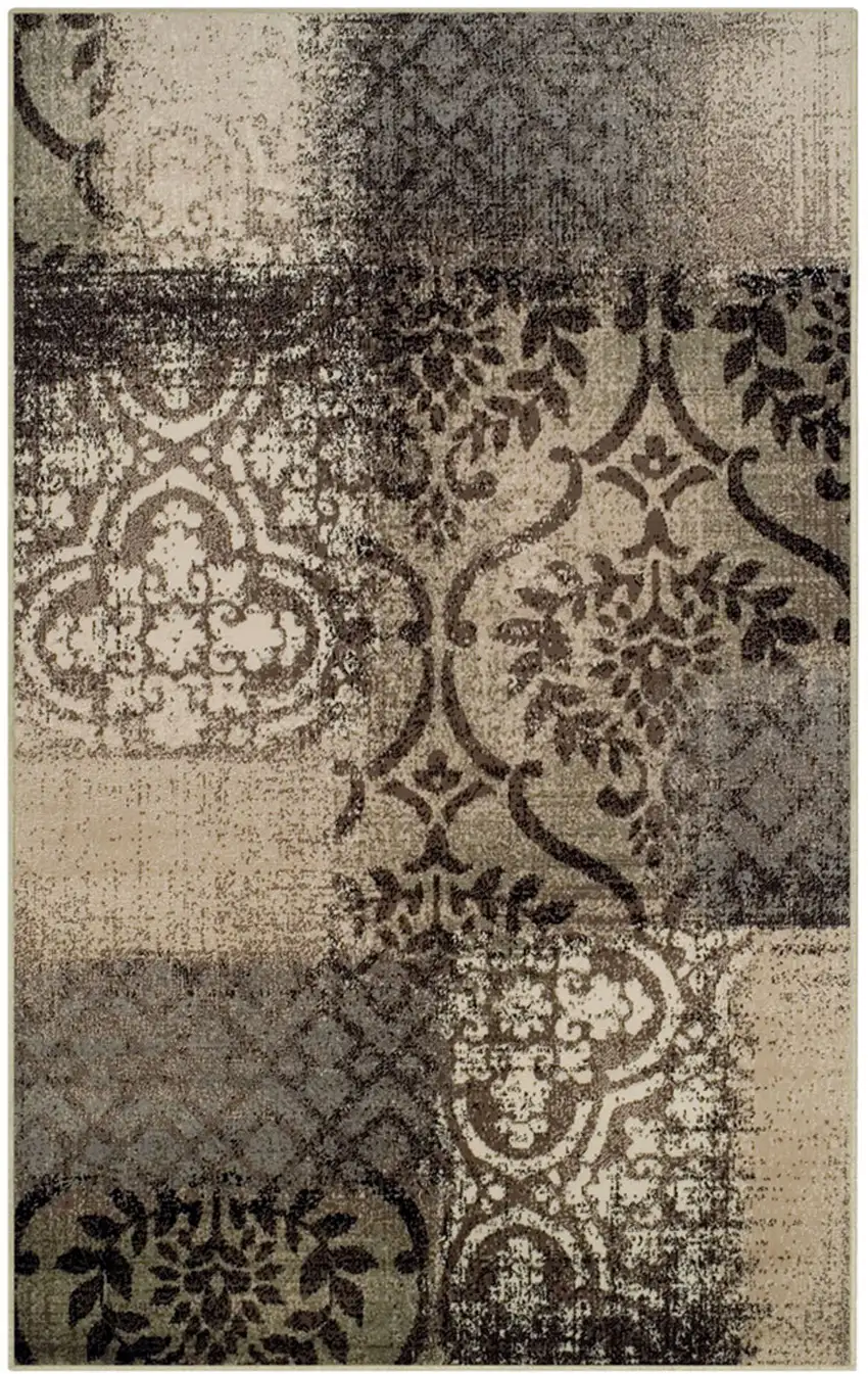 5' X 8' Tan And Brown Damask Distressed Stain Resistant Area Rug Photo 1