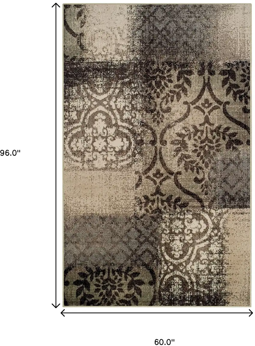 5' X 8' Tan And Brown Damask Distressed Stain Resistant Area Rug Photo 6
