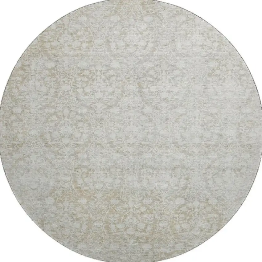 8' X 8' Tan And Ivory Damask Washable Round Rug With UV Protection Photo 2