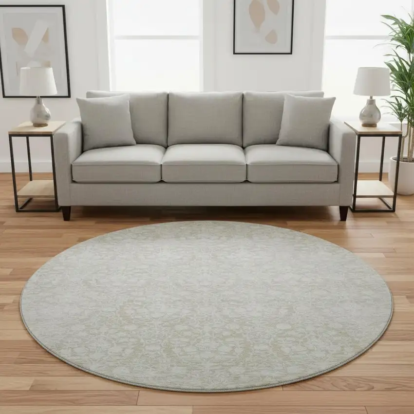 8' X 8' Tan And Ivory Damask Washable Round Rug With UV Protection Photo 2