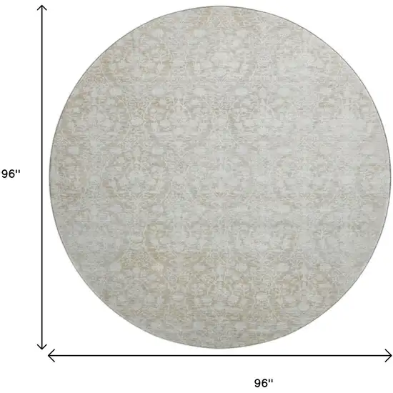 8' X 8' Tan And Ivory Damask Washable Round Rug With UV Protection Photo 9