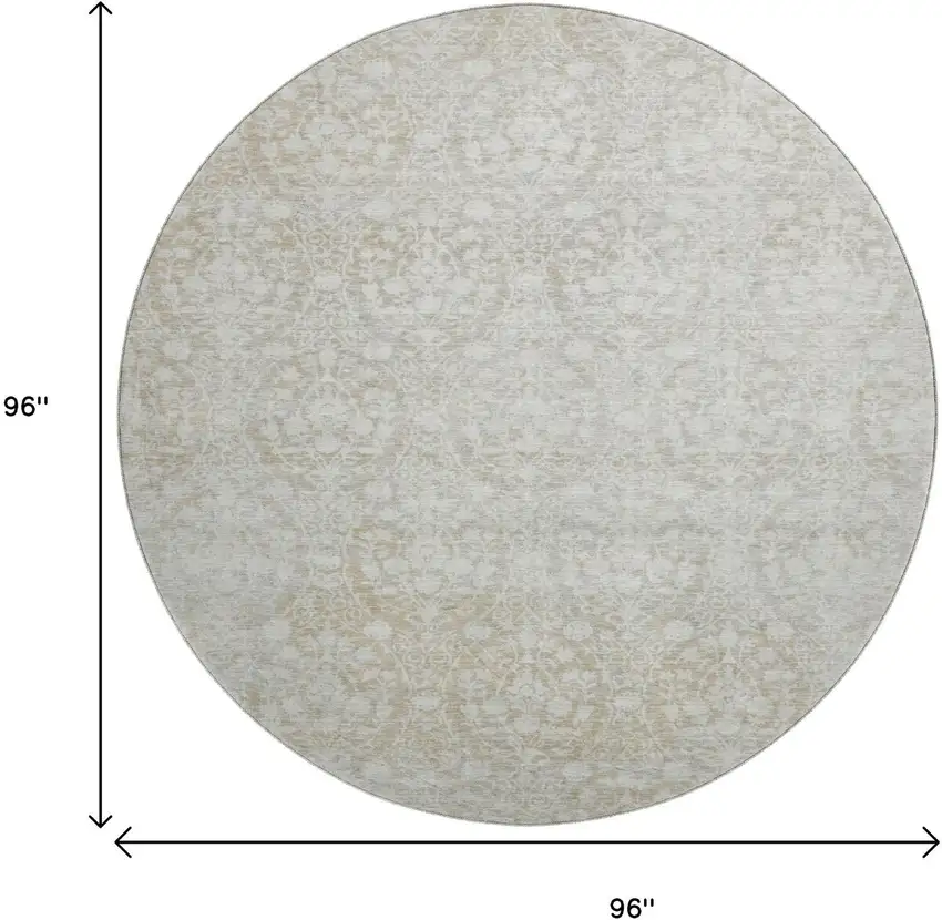 8' X 8' Tan And Ivory Damask Washable Round Rug With UV Protection Photo 9