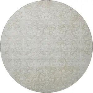 Photo of 8' X 8' Tan And Ivory Damask Washable Round Rug With UV Protection