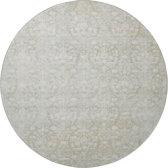 8' X 8' Tan And Ivory Damask Washable Round Rug With UV Protection Photo 3