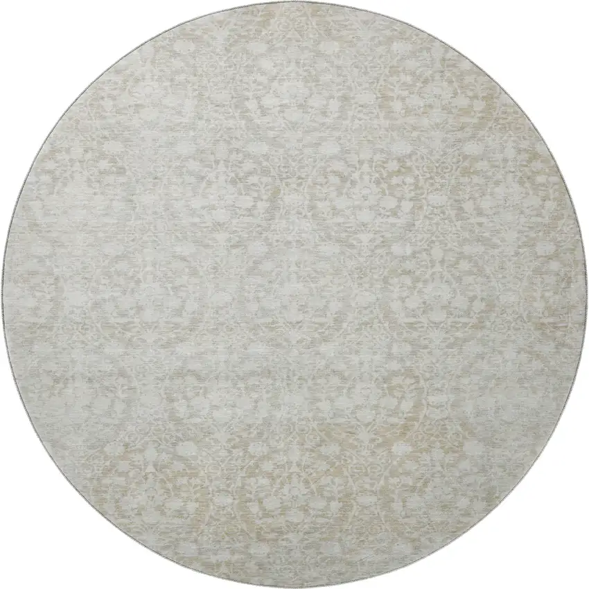 8' X 8' Tan And Ivory Damask Washable Round Rug With UV Protection Photo 3