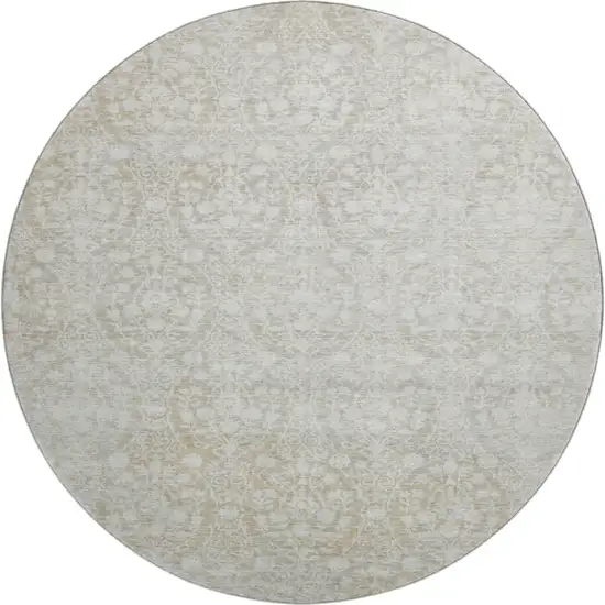 8' X 8' Tan And Ivory Damask Washable Round Rug With UV Protection Photo 1