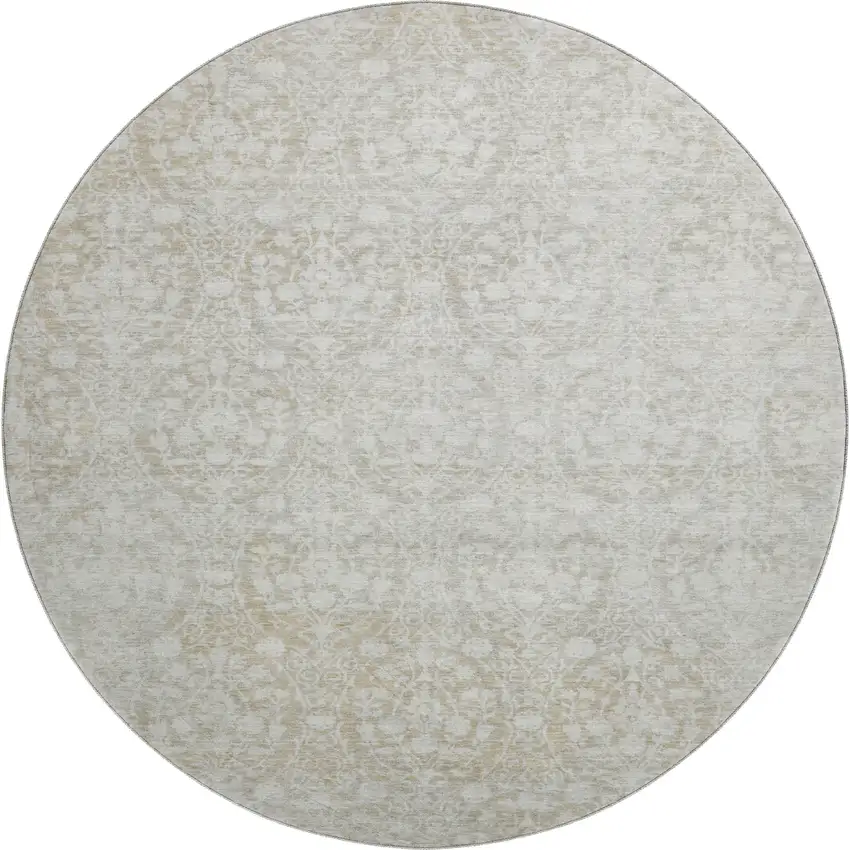 8' X 8' Tan And Ivory Damask Washable Round Rug With UV Protection Photo 1
