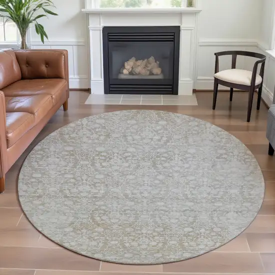 8' X 8' Tan And Ivory Damask Washable Round Rug With UV Protection Photo 4