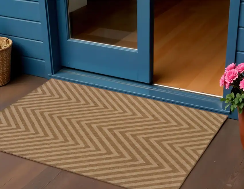 Tan Geometric Stain Resistant Indoor Outdoor Area Rug Photo 1