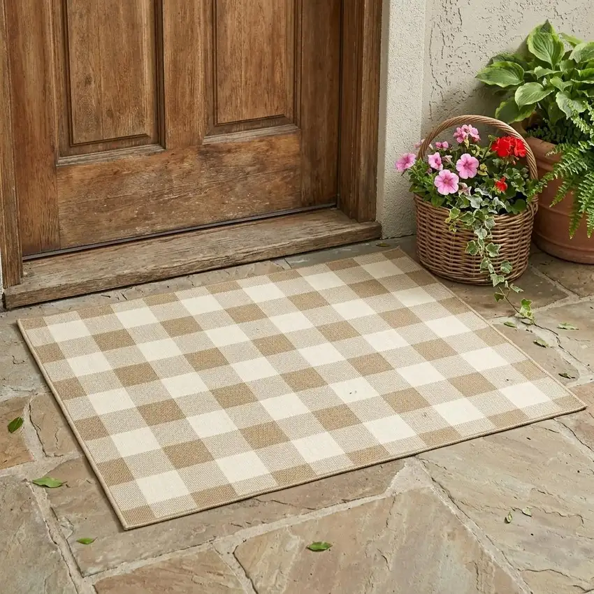 Gray and Ivory Geometric Stain Resistant Indoor Outdoor Area Rug Photo 1
