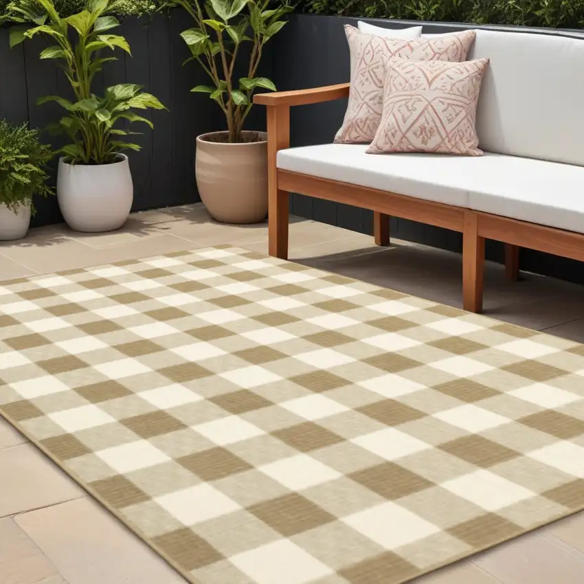 Gray and Ivory Geometric Stain Resistant Indoor Outdoor Area Rug Photo 1