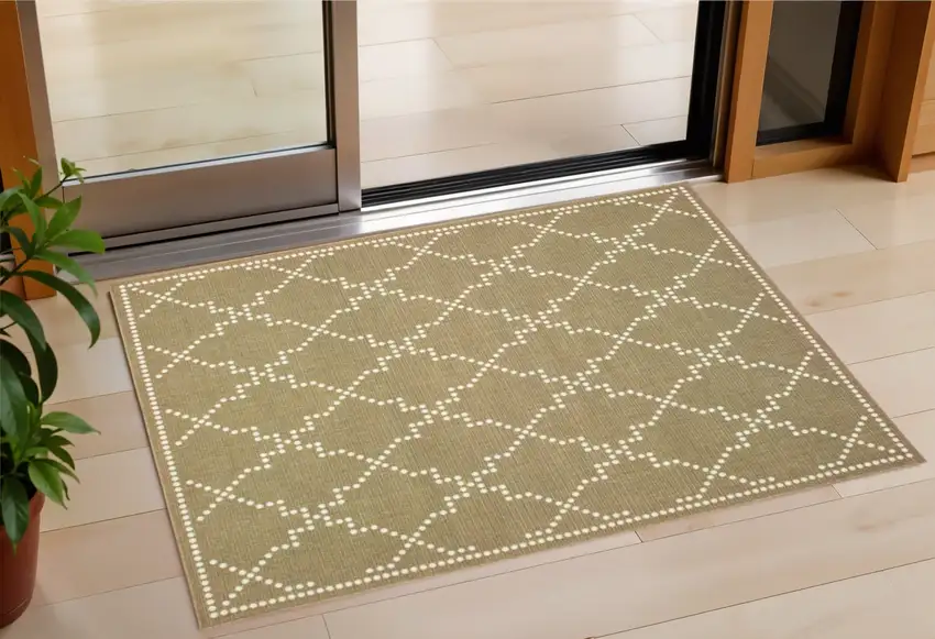 Tan Geometric Stain Resistant Indoor Outdoor Area Rug Photo 1