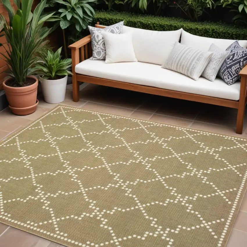 Tan Geometric Stain Resistant Indoor Outdoor Area Rug Photo 1