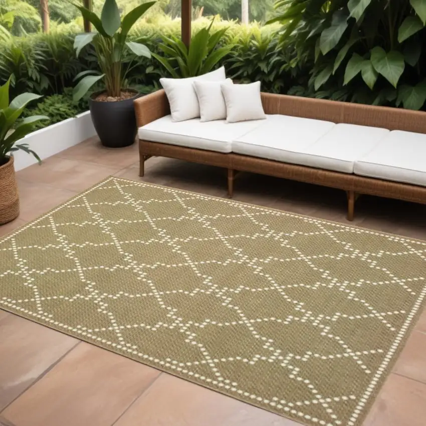 Tan Geometric Stain Resistant Indoor Outdoor Area Rug Photo 1