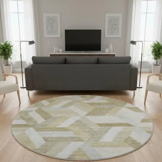 8' X 8' Tan Ivory And Brown Geometric Washable Round Rug With UV Protection Photo 2
