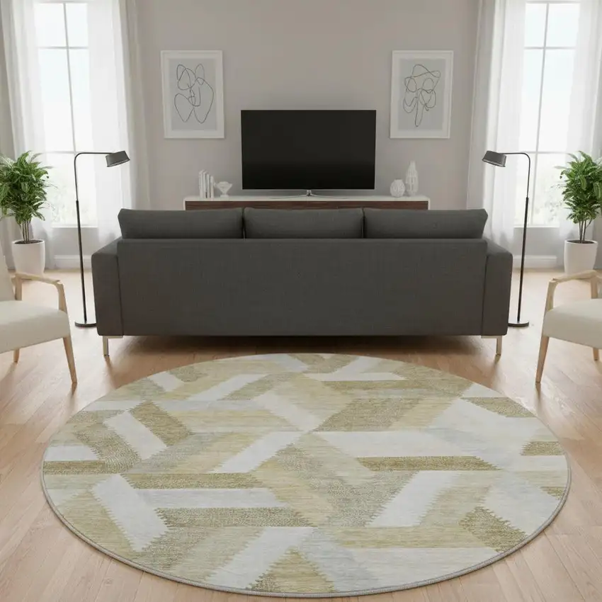 8' X 8' Tan Ivory And Brown Geometric Washable Round Rug With UV Protection Photo 2