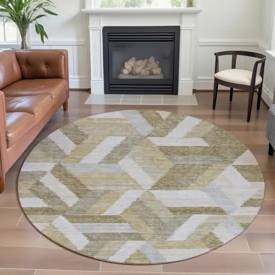 8' X 8' Tan Ivory And Brown Geometric Washable Round Rug With UV Protection Photo 4