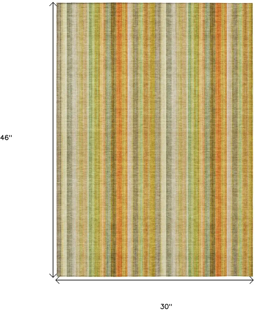 3' X 4' Tan Orange and Green Striped Washable Non Skid Indoor Outdoor Area Rug Photo 3