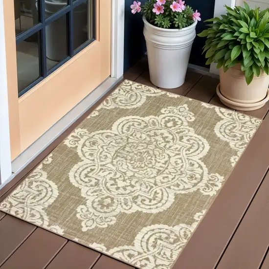 Tan Oriental Stain Resistant Indoor Outdoor Area Rug Photo 1