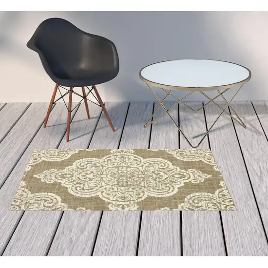 3' X 5' Tan Oriental Stain Resistant Indoor Outdoor Area Rug Photo 2