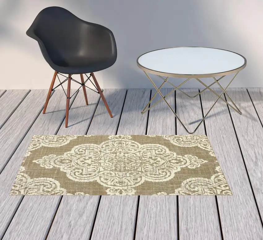 3' X 5' Tan Oriental Stain Resistant Indoor Outdoor Area Rug Photo 2