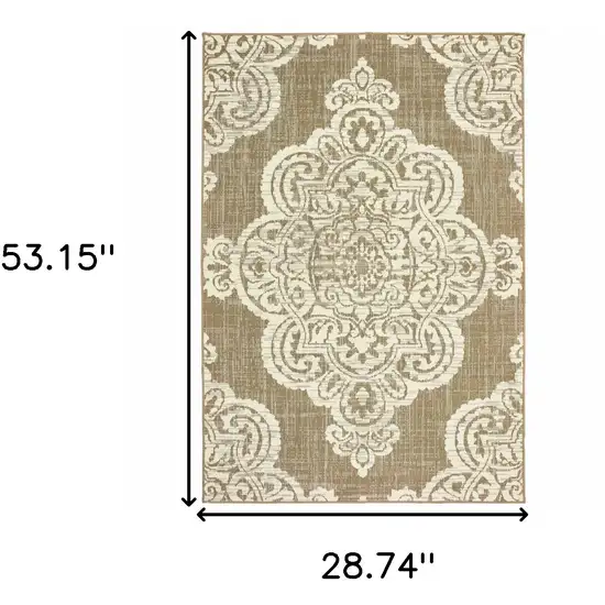 3' X 5' Tan Oriental Stain Resistant Indoor Outdoor Area Rug Photo 5