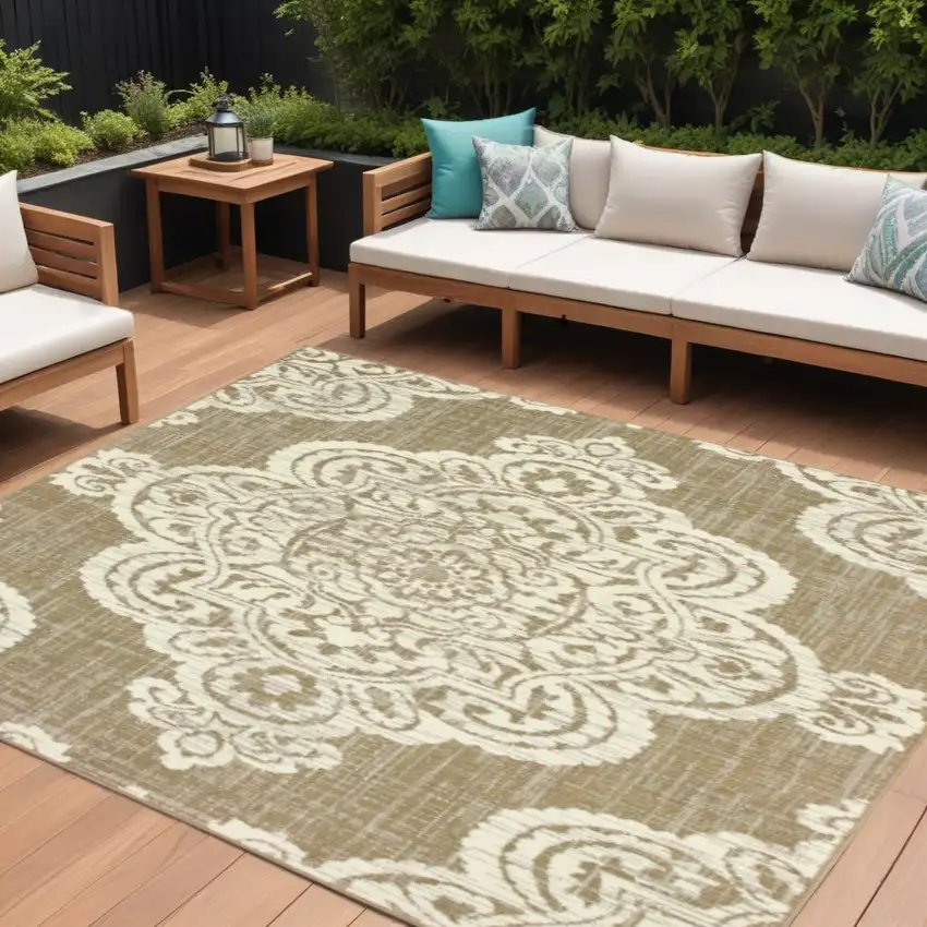Tan Oriental Stain Resistant Indoor Outdoor Area Rug Photo 1