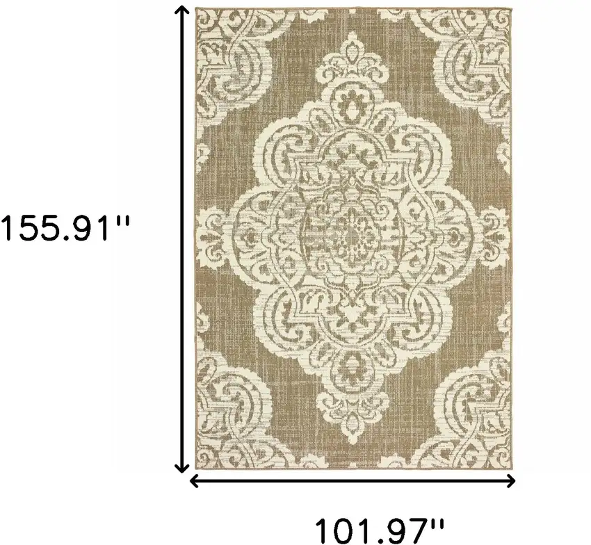 9' X 13' Tan Oriental Stain Resistant Indoor Outdoor Area Rug Photo 5