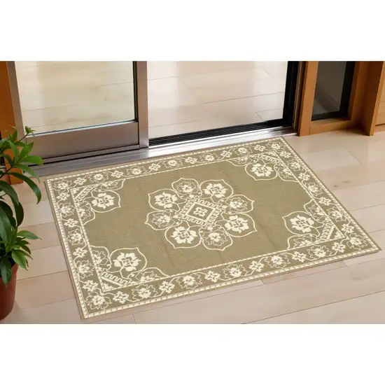 Tan Oriental Stain Resistant Indoor Outdoor Area Rug Photo 1