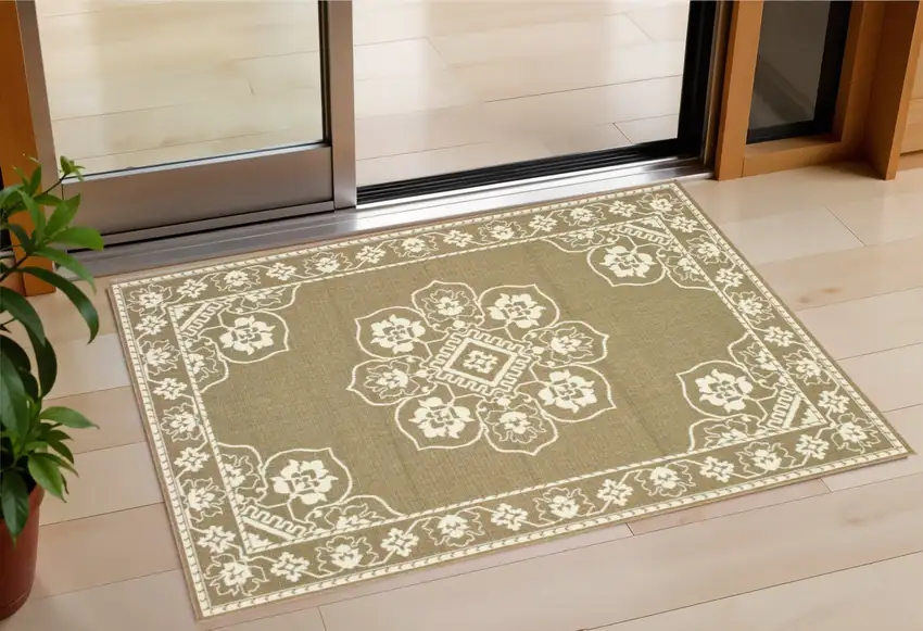 Tan Oriental Stain Resistant Indoor Outdoor Area Rug Photo 1