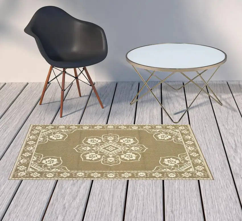 3' X 5' Tan Oriental Stain Resistant Indoor Outdoor Area Rug Photo 2