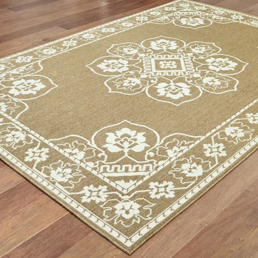 3' X 5' Tan Oriental Stain Resistant Indoor Outdoor Area Rug Photo 4