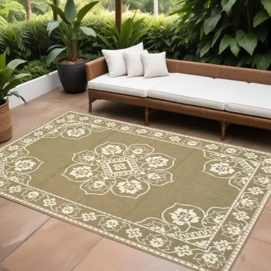 Tan Oriental Stain Resistant Indoor Outdoor Area Rug Photo 1