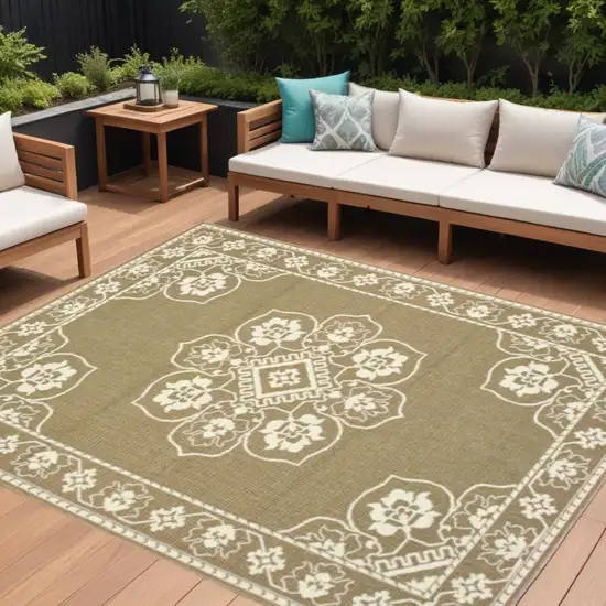 Tan Oriental Stain Resistant Indoor Outdoor Area Rug Photo 1