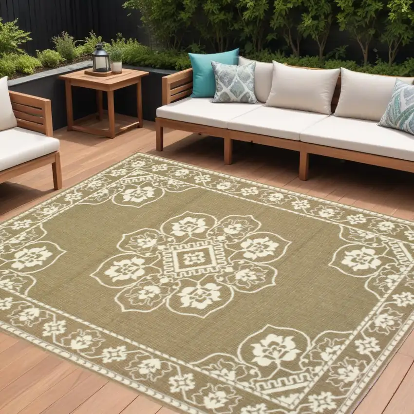 Tan Oriental Stain Resistant Indoor Outdoor Area Rug Photo 1