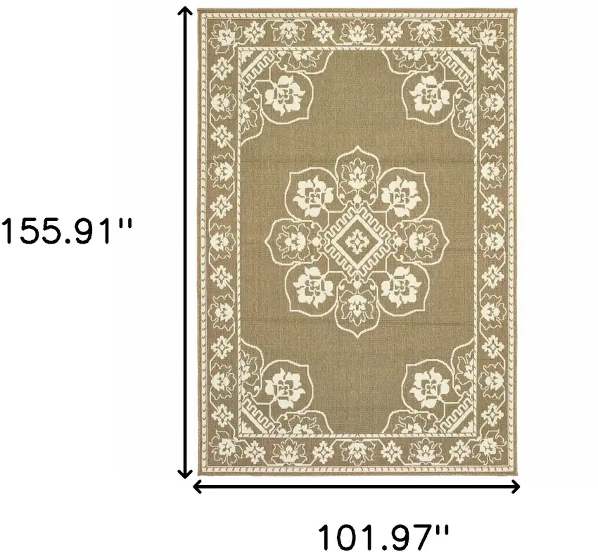 9' X 13' Tan Oriental Stain Resistant Indoor Outdoor Area Rug Photo 5