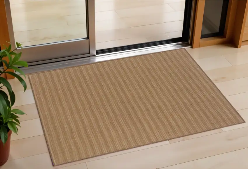 Tan Striped Stain Resistant Indoor Outdoor Area Rug Photo 1