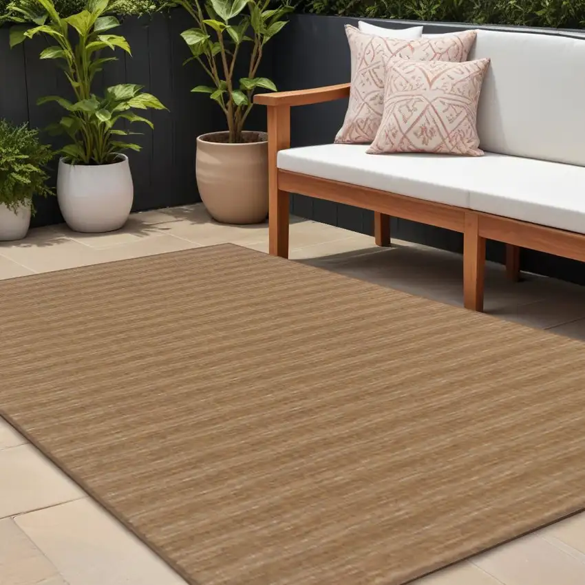 Tan Striped Stain Resistant Indoor Outdoor Area Rug Photo 1