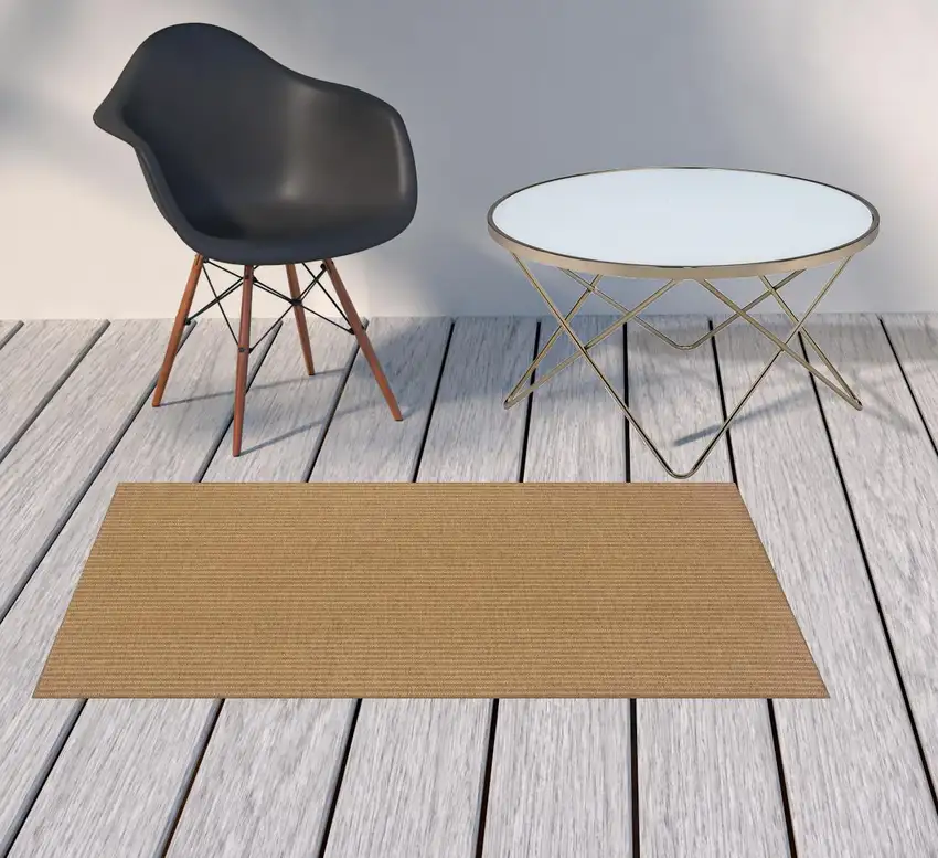 3' X 5' Tan Striped Stain Resistant Indoor Outdoor Area Rug Photo 2