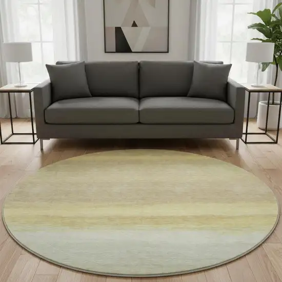 8' X 8' Tan Yellow And Beige Striped Washable Round Rug With UV Protection Photo 2