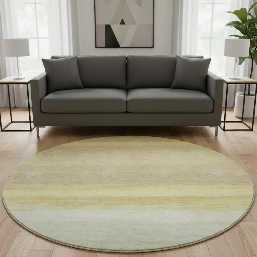 8' X 8' Tan Yellow And Beige Striped Washable Round Rug With UV Protection Photo 2