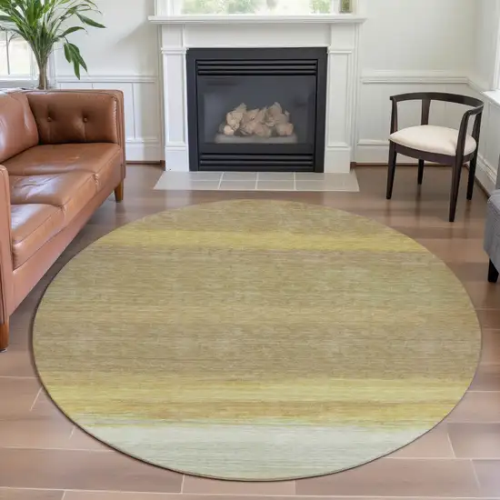 8' X 8' Tan Yellow And Beige Striped Washable Round Rug With UV Protection Photo 3