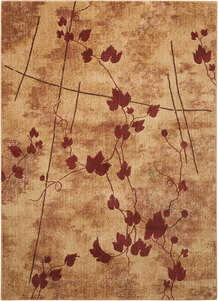 5' X 8' Tan and Red Botanical Leaves Power Loom Area Rug Photo 2