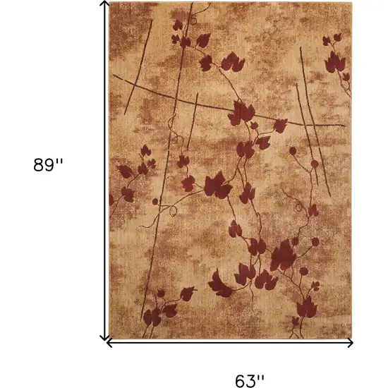 5' X 8' Tan and Red Botanical Leaves Power Loom Area Rug Photo 3