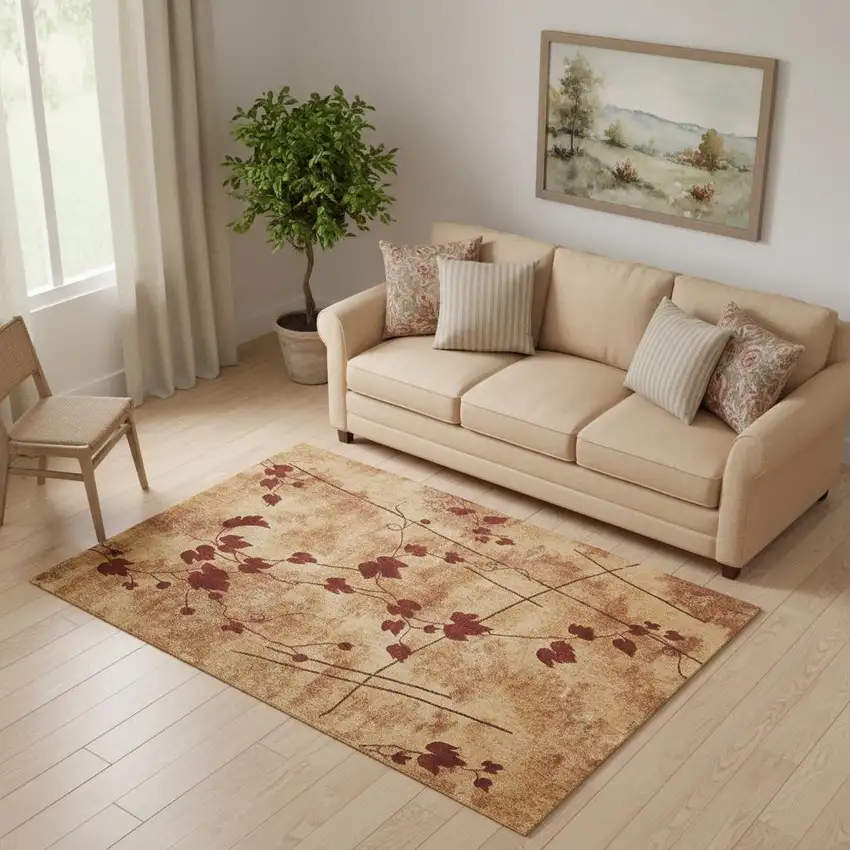 5' X 8' Tan and Red Botanical Leaves Power Loom Area Rug Photo 1