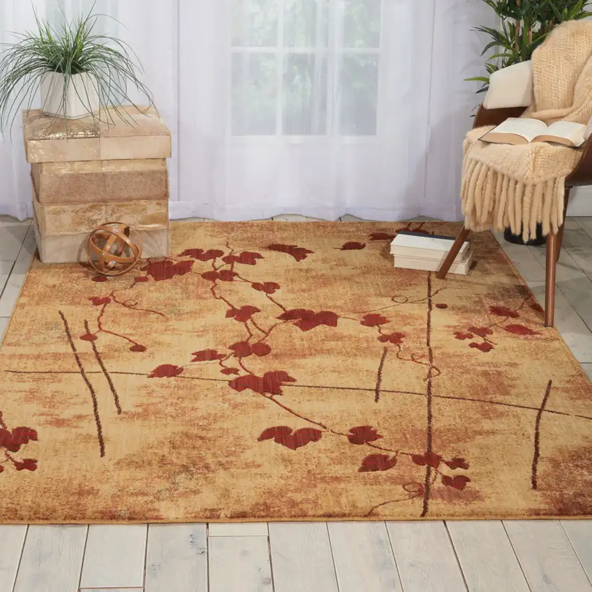 5' X 8' Tan and Red Botanical Leaves Power Loom Area Rug Photo 5